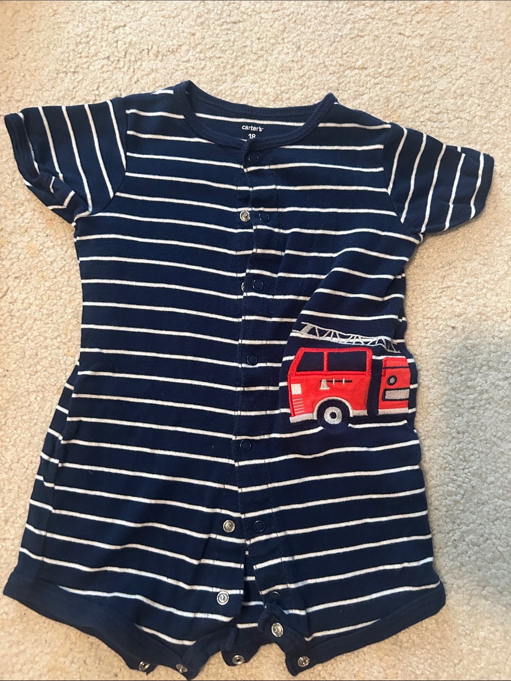 Carter's Navy & White Striped Romper with Red Fire Truck Applique